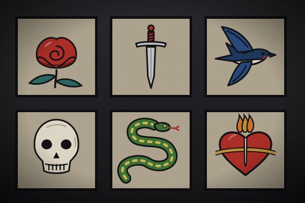 Framed traditional flash designs on a studio wall